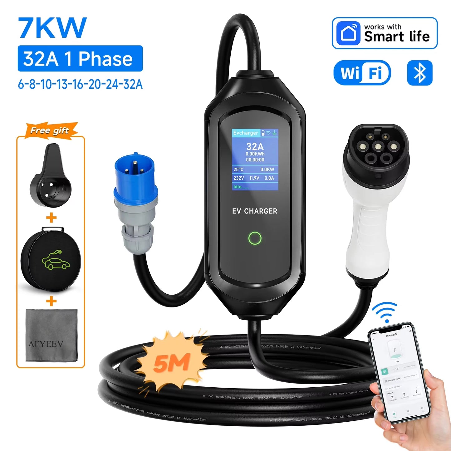 AFEEV 3.5/7KW Portable EV Charger Type2 IEC62196-2 Electric Car Charger 16A EVSE Fast Charging Cable WiFi APP Bluetooth Control