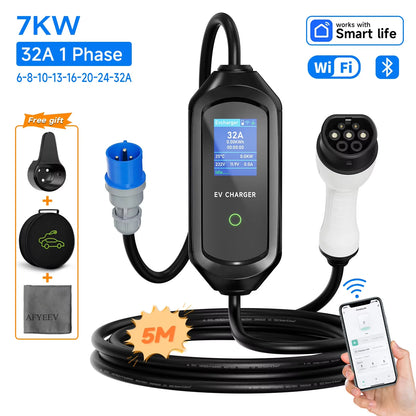 AFEEV 3.5/7KW Portable EV Charger Type2 IEC62196-2 Electric Car Charger 16A EVSE Fast Charging Cable WiFi APP Bluetooth Control